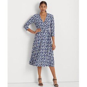 NWT LAUREN RALPH LAUREN Painterly Blue Floral Surplice Jersey Dress Size 10